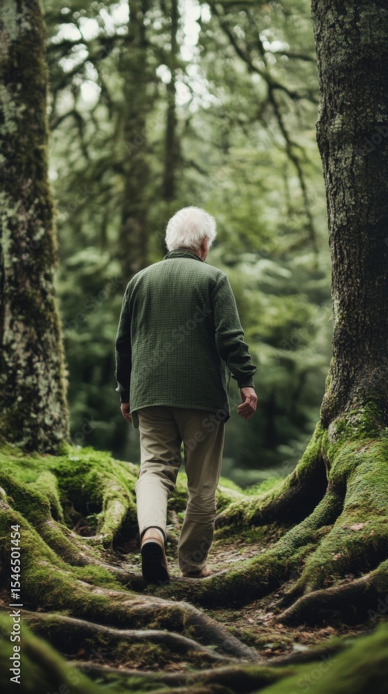Obraz premium An Elderly Man Walking Through a Lush Forest