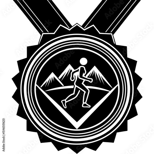 Silhouette of a runner in front of mountains on a medal