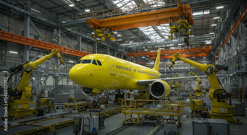 Yellow Airplane Undergoing Assembly in a Modern Factory