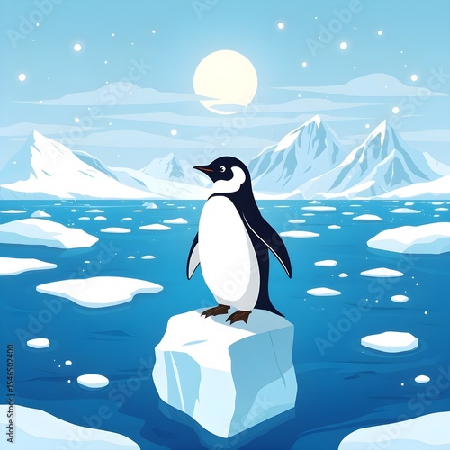 It features an Arctic landscape, with a penguin standing on a block of ice in the middle of a calm sea.