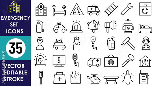 Emergency-themed icon set featuring 35 black line icons: ambulance, fire hydrant, stretcher, nurse, hospital, alarm, megaphone, fire extinguisher, helicopter, doctor, bell