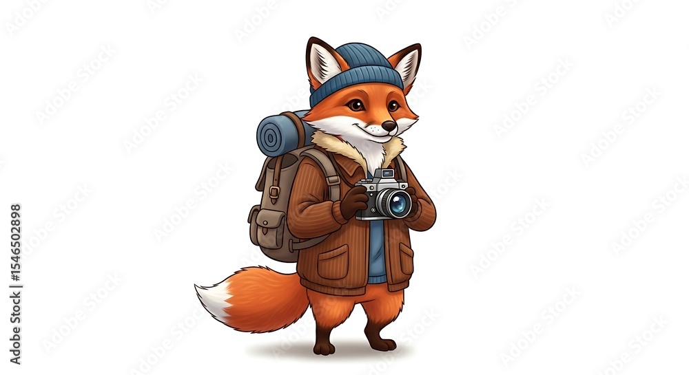 Naklejka premium Cartoon fox photographer with camera and backpack, smiling and ready for an adventure. Travel-themed animal character on white background.