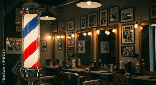 Vintage Barbershop Interior with Red White and Blue Barber Pole