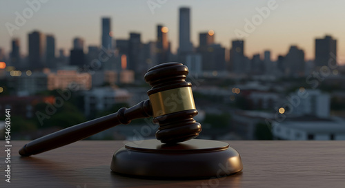 Wooden Gavel on Wooden Surface Against City Skyline at Sunset