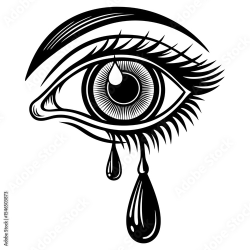 Close up of a crying eye with tears isolated on white background