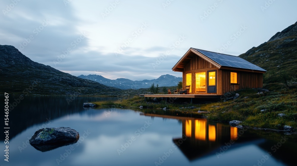 Fototapeta premium A serene cabin glowing warmly beside a tranquil lake reflects the surrounding mountains, creating an idyllic and peaceful setting perfect for a retreat into nature.
