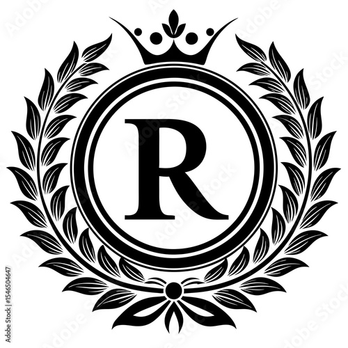 Letter r in a laurel wreath with crown isolated on white background