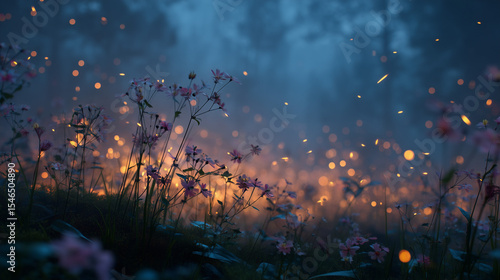Fireflies in a meadow at twilight, magical ambiance
