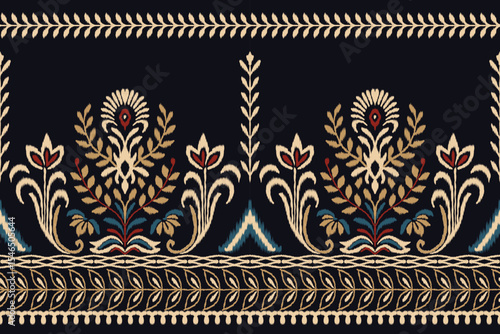 Ikat floral pattern with traditional embroidery damask elements in seamless style, ethnic illustration with abstract textile texture design for fabric, clothing, and decoration use.