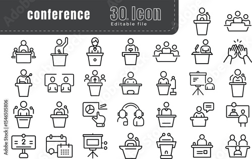 Conference and Event Meeting Line Icons Set – Business Presentation, Webinar, Virtual Meeting, Speaker, Networking Symbols in Minimal Style