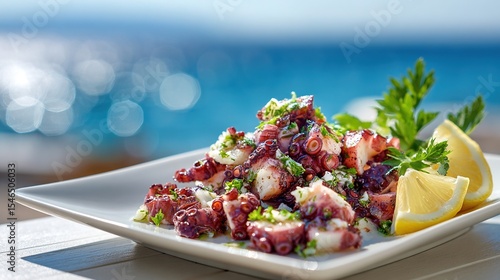 Seaside grilled octopus salad with lemon, fresh herbs, feta, and olive oil served in Mediterranean coastal light