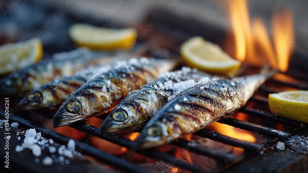 Flame-grilled sardines with sea salt and lemon wedges on an open fire for traditional coastal Mediterranean cuisine Flame-grilled sardines with sea salt and lemon wedges on an open fire for traditional coastal Mediterranean cuisine