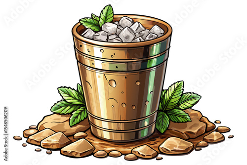Mint Julep cocktail in traditional metal cup with crushed ice and fresh mint sprig on white isolated refreshing Southern drink vector for summer menus, bars, or mixology content