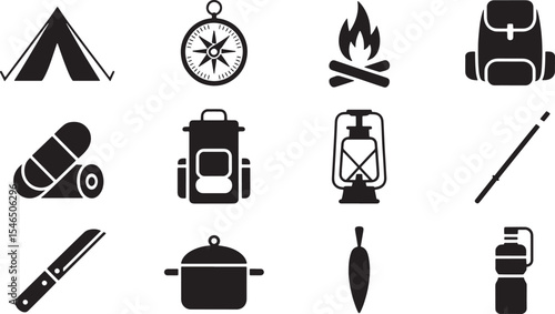 Black and White Line Art Camping Gear Icons Set Tent Compass Fire Backpack Sleeping Bag Lantern Knife Cooking