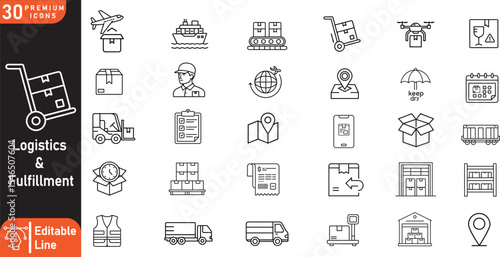 30 Line Vector Icons of Logistics and Fulfillment – Minimal Monoline Illustrations of Packaging, Warehousing, Delivery Vehicles, Barcode Scanning, and E-commerce Shipping Tools for UI, Infographi