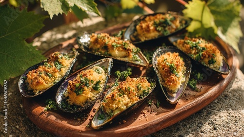 Baked mussels with golden breadcrumb topping, parsley garnish, and cheese served on a rustic wooden platter under vineyard leaves