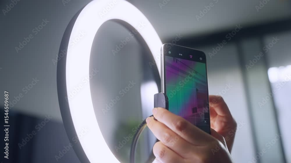 Close up on ring light for vlogging hand setting up phone on stand for video. Before recording social content woman preparing mobile phone on dedicated rig for live stream and selfie video filming