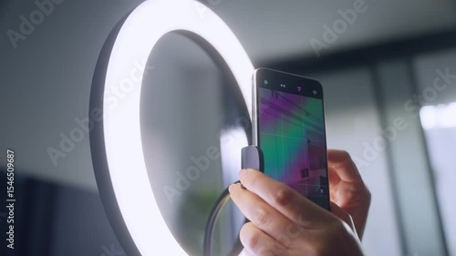 Close up on ring light for vlogging hand setting up phone on stand for video. Before recording social content woman preparing mobile phone on dedicated rig for live stream and selfie video filming