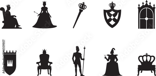 Black and White Line Art Silhouettes of King Queen Crowns Thrones Scepter Shield Gate Banner vector