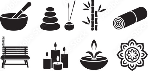 Black and White Line Art Spa Icons Set Bowl Stones Candles Bamboo Mat Bench Mandala vector