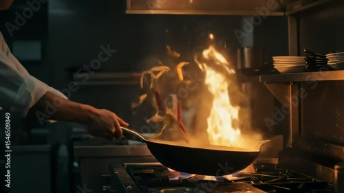 Chef tossing ingredients in a wok with open flame