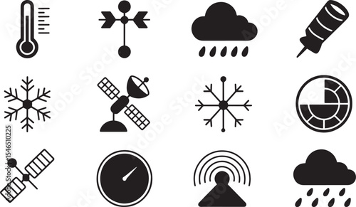 Black and White Line Art Weather Icons Set Satellite Snowflake Thermometer Rain Cloud Wind Vane Gauge