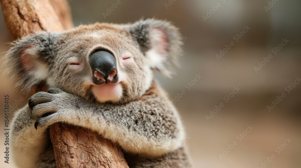 Obraz premium A cute koala bear clings to a tree branch, eyes closed in peaceful slumber, illustrating the tranquility and vulnerability of wildlife in their natural habitat.