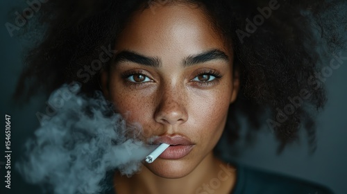 A striking close-up portrait of a woman exhaling smoke, showcasing her beautiful freckles and expressive eyes, which evoke a sense of mystery and allure in the viewer.