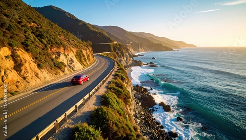 Fototapeta Naklejka Na Ścianę i Meble -  A scenic coastal drive along cliffs during golden hour symbolizing freedom, adventure, road trips, and travel experiences along California Pacific Coast