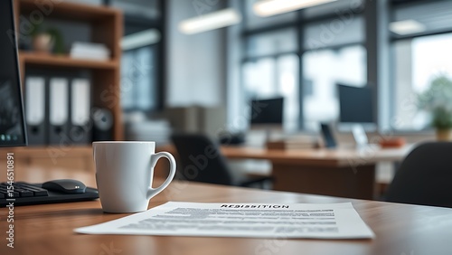 Empty office desk with coffee cup and resignation letter, symbolizing job layoffs, workplace uncertainty, and career transitions in corporate environment.