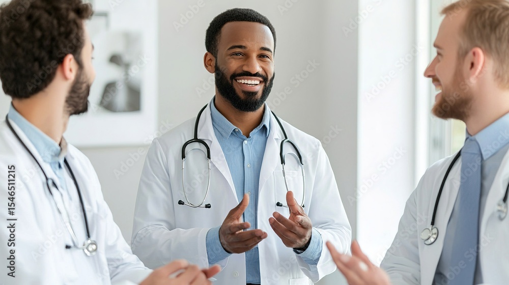 Three male doctors in white coats are engaged in a friendly discussion in a bright, modern medical office. Three male doctors in white coats are engaged in a friendly discussion in a bright, modern medical office.