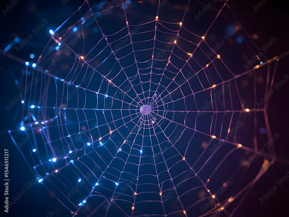 Obraz premium Illuminated Spiderweb: A spiderweb glows with ethereal blue and purple light, creating a mesmerizing and mystical scene in the dark.
