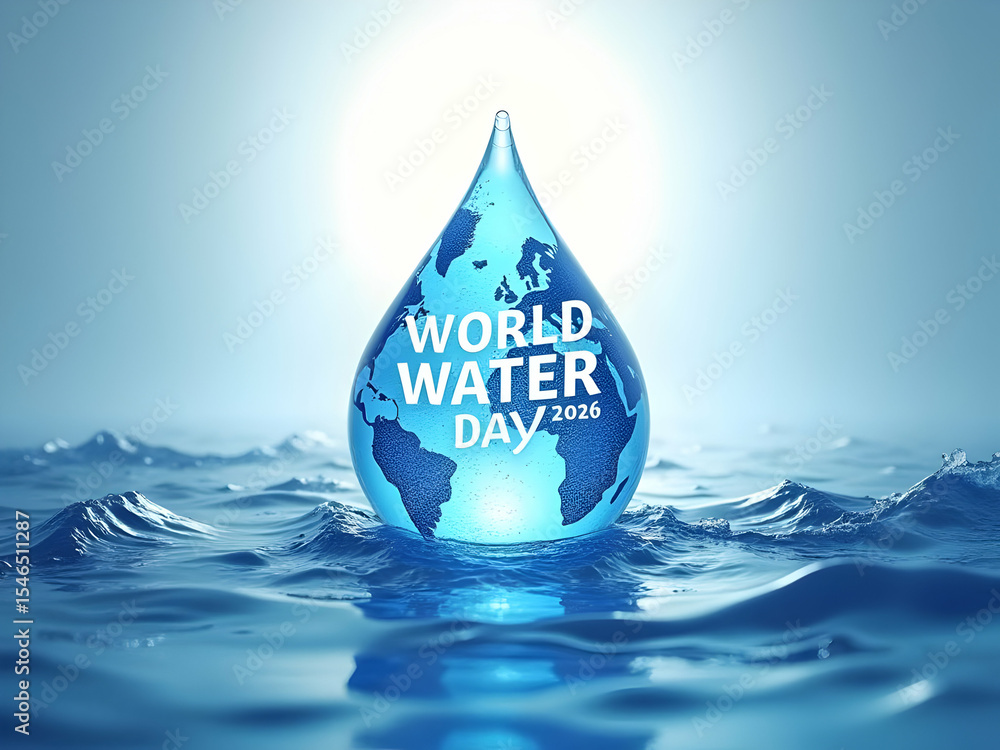 Fototapeta premium A large teardrop shaped water droplet floats on a blue ocean surface the droplet contains a world map and the text World Water Day 2026