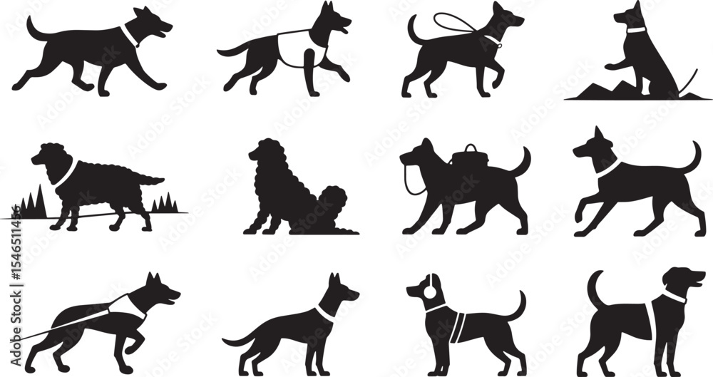 Obraz premium Twelve Black and White Line Art Illustrations of Dogs in Various Poses and with Different Accessories