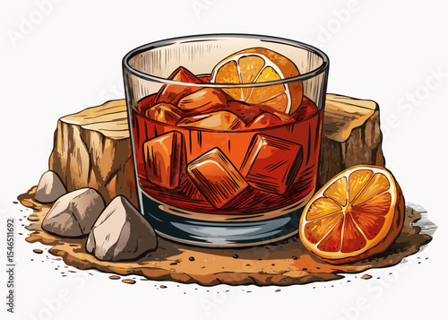 Boulevardier cocktail served in lowball glass with ice cubes and citrus garnish on white isolated bold whiskey-based drink vector ideal for bar menus, mixology art, or recipes
