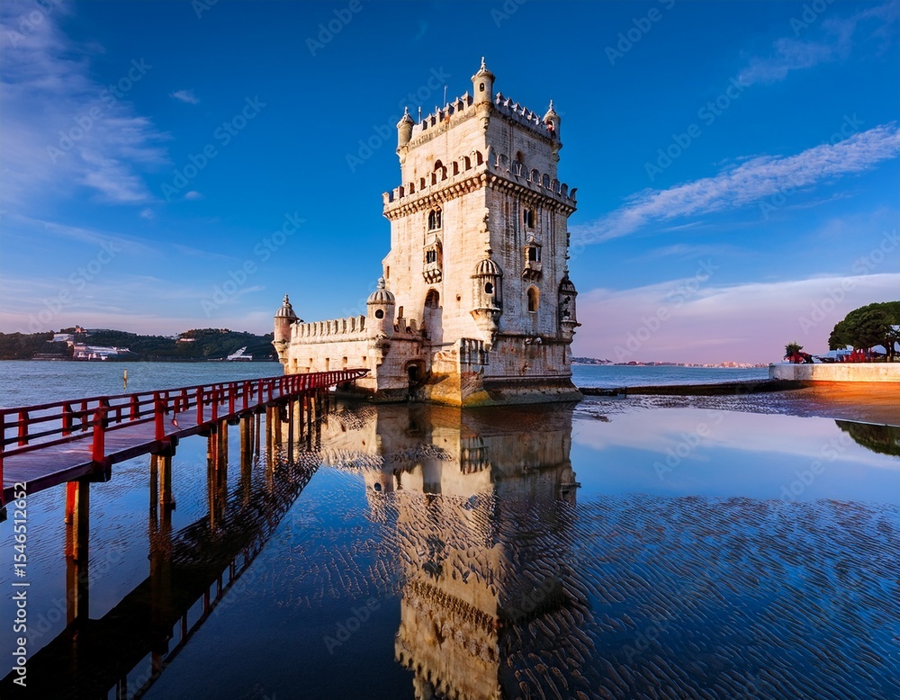Fototapeta premium belem tower tower of saint vincent reflecting in the lagoon like water of the tagus river surrounding it in lisbon portugal