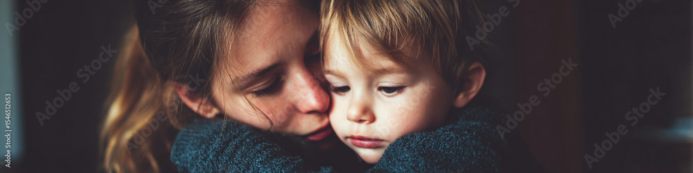 A mother embracing her young son in a close up shot with a dark and moody atmosphere present A mother embracing her young son in a close up shot with a dark and moody atmosphere present