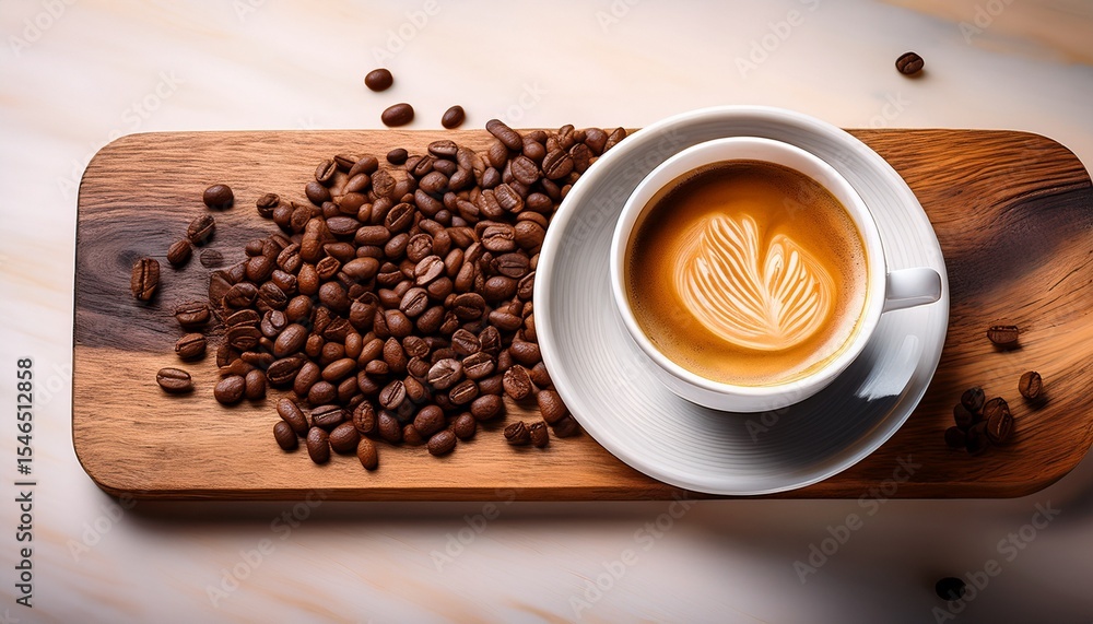 Obraz premium creamy coffee white cup wooden board surrounded by coffee beans evokes warmth and comfort