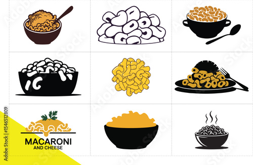 Macaroni Variations – Collection of Macaroni and Cheese Illustrations Featuring Bowls Plates and Noodles in Various Styles – Mac and Cheese Icons