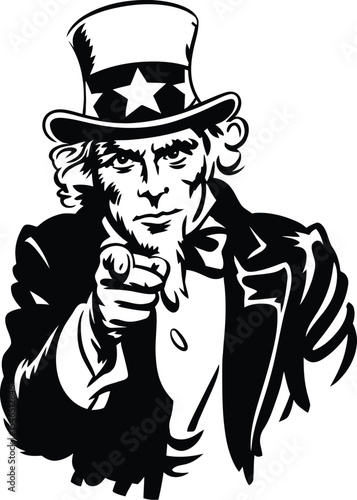 Uncle Sam Tribute Symbol Featuring the Iconic Recruitment Pose: A Bold Black-and-White Illustration of Uncle Sam Wearing a Star-Adorned Top Hat, Bow Tie, and Suit, Pointing Directly Toward the Viewer—