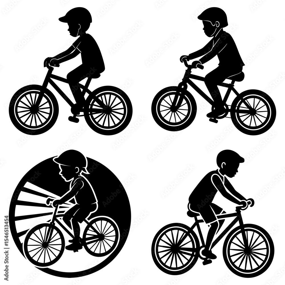 Obraz premium Silhouette illustrations of children riding bicycles with varying styles and designs shown in black color