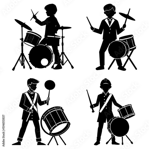Silhouettes of musicians playing drums and other percussion instruments in various poses and outfits