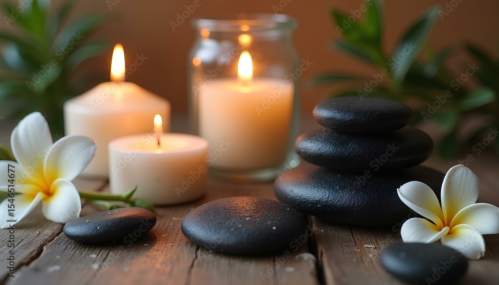 Relaxing spa setup with candles, massage stones and white flowers Relaxing spa setup with candles, massage stones and white flowers