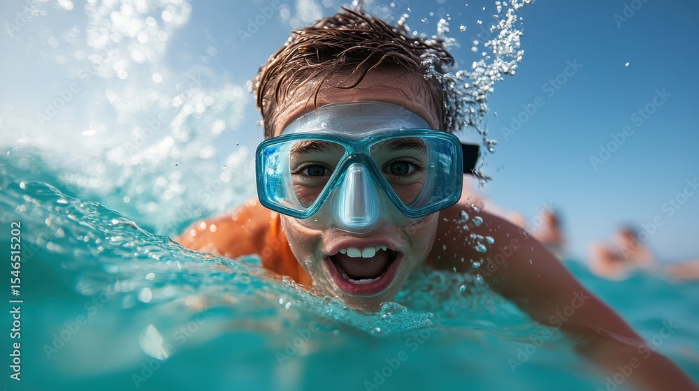 Naklejka premium A thrilled child diving into sparkling waters with a snorkeling mask, showcasing the essence of fun and adventure, while experiencing the beauty of the underwater world.