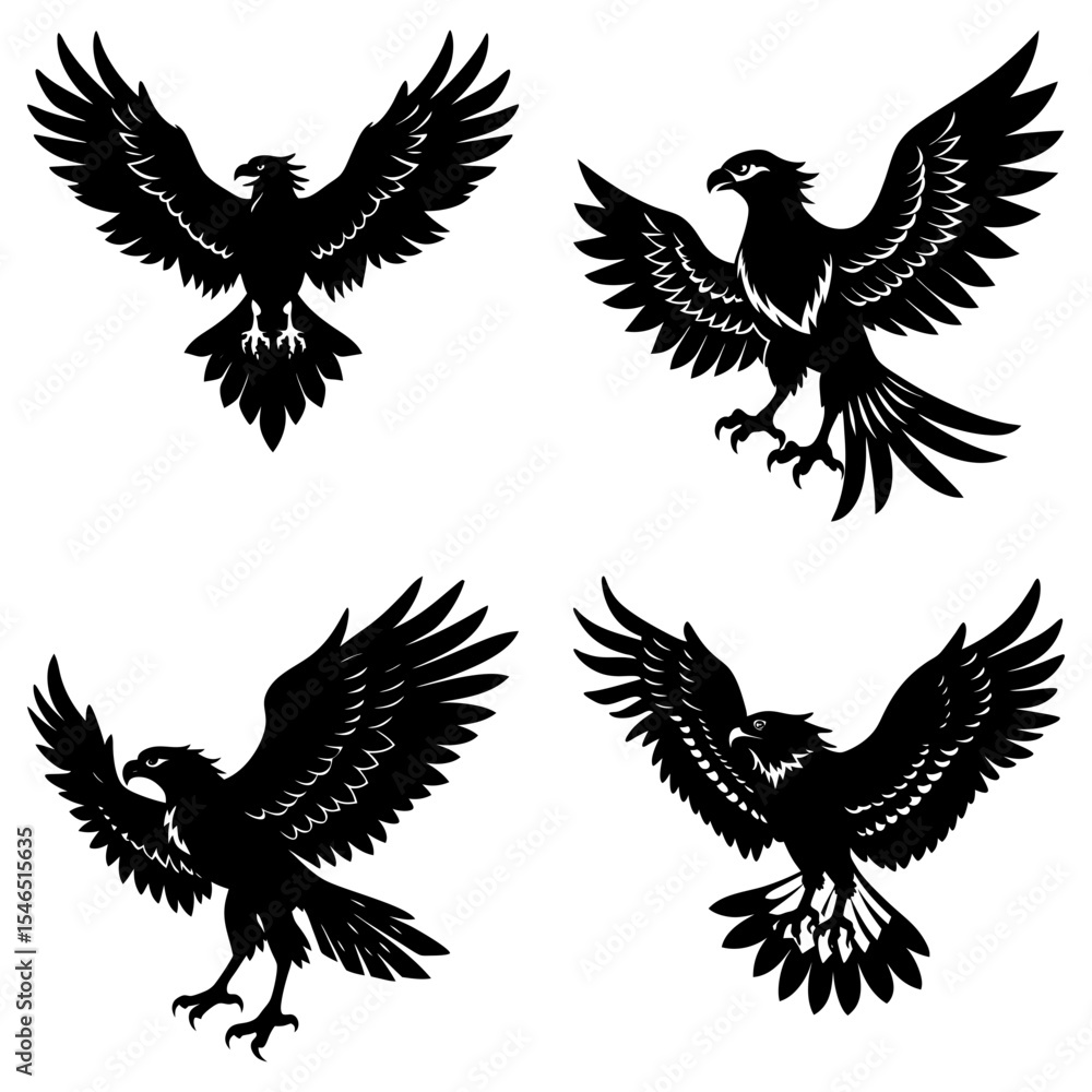 Obraz premium Collection of four black silhouette eagles in various flying poses on a white background image art