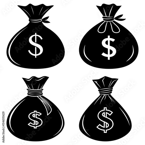 Four black money bags with dollar signs in a vector illustration on a white isolated background image