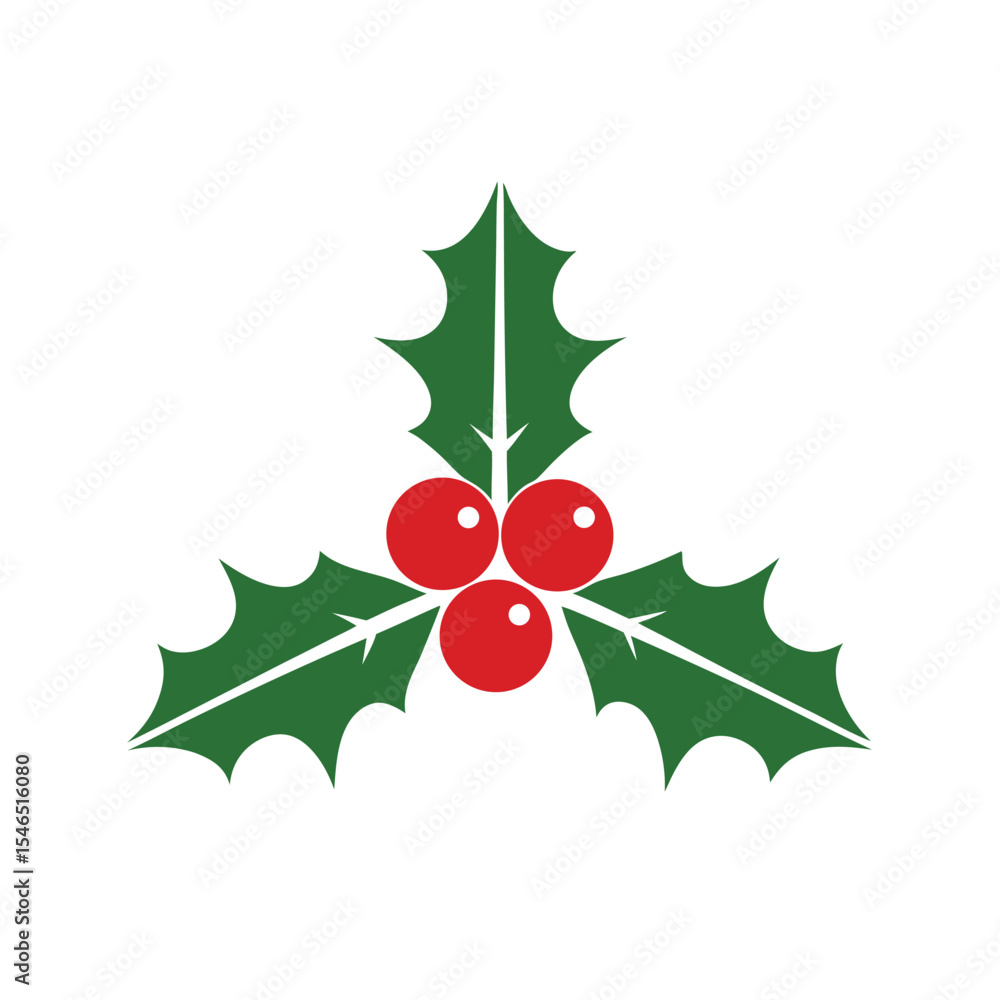 Simple Green Holly Leaves and Red Berries Christmas Design Isolated on White Background Festive Winter Holiday Symbol Simple Green Holly Leaves and Red Berries Christmas Design Isolated on White Background Festive Winter Holiday Symbol