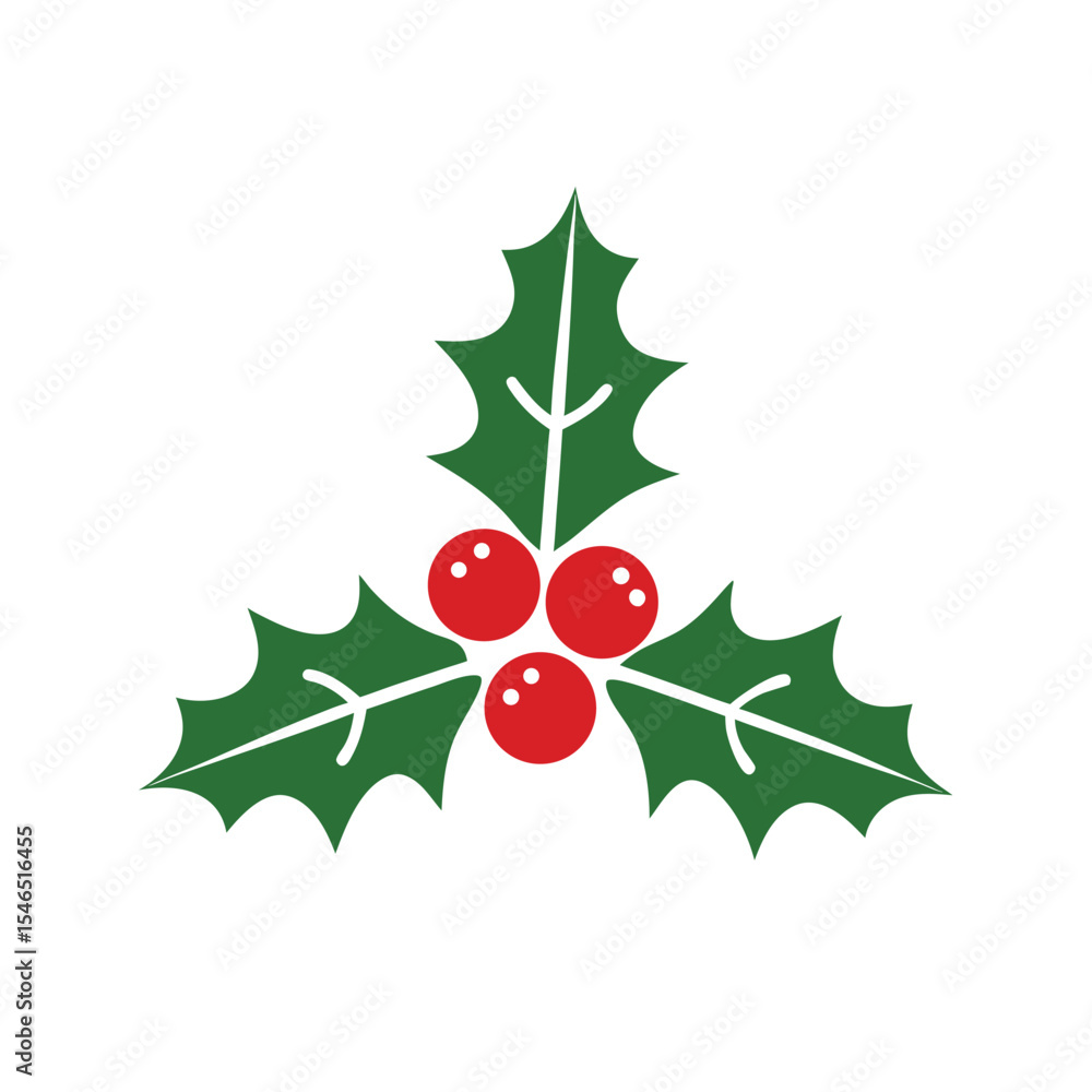 Simple Green Holly Leaves and Red Berries Christmas Icon Isolated on White Background Simple Green Holly Leaves and Red Berries Christmas Icon Isolated on White Background