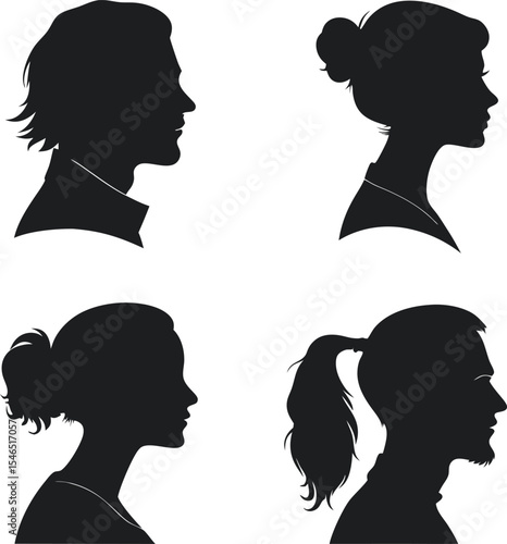 Four simple black silhouettes of male and female profiles