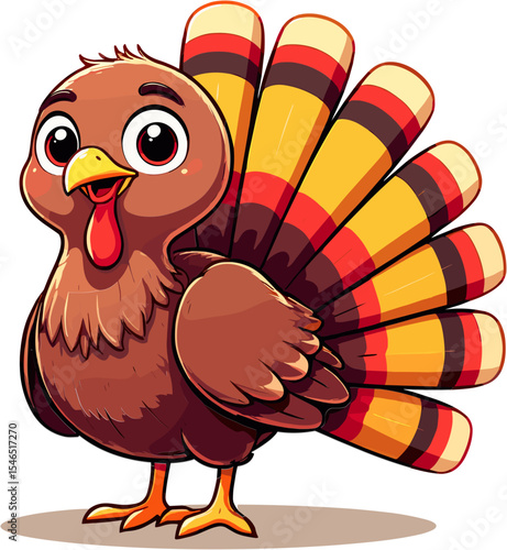 Cartoon turkey character with colorful feathers and happy expression  
